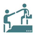 Two simplified human figures; one stands on a higher platform and helps pull up the other figure from below, symbolizing assistance or support.