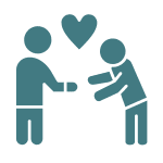 Two simple human figures, one reaching out a hand and the other bowing, with a heart symbol above them, representing kindness or gratitude.