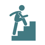 A simple blue icon of a person ascending a staircase, depicted with basic geometric shapes on a transparent background.
