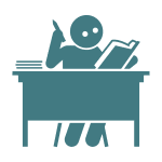 Illustration of a person sitting at a desk, reading a book with one hand raised, and two closed books stacked on the desk.