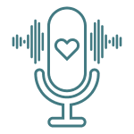 Line drawing of a microphone with a heart shape in the center and two stylized sound waves on either side, representing uncomplicated AV services for Seattle events.