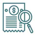Icon of a receipt with a dollar sign and magnifying glass, symbolizing financial review or expense analysis—perfect for highlighting uncomplicated AV services for Seattle events.