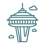 Line drawing of the Space Needle with three clouds around it against a transparent background—perfect for showcasing uncomplicated AV services for Seattle events.