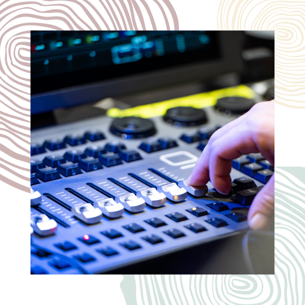 May What we Bring to Events We see the hand of an AV technician using a sound mixer