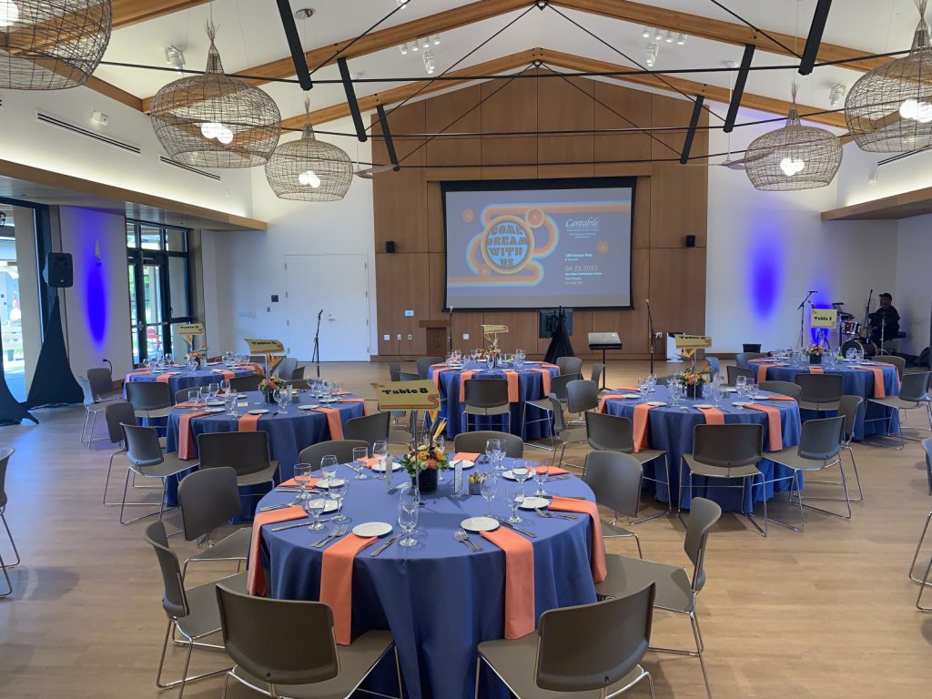 A banquet hall with round tables covered in blue and orange tablecloths, set for an event, features a stage, podiums, and a presentation screen—ideal for those seeking Seattle AV services for corporate events and conferences.