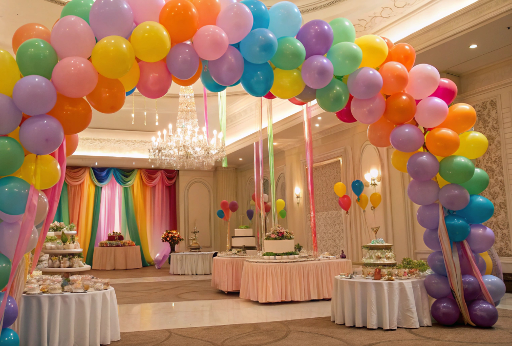 A banquet hall decorated for a celebration with a large arch of colorful balloons, round tables with treats, a backdrop of rainbow drapes, and AV services for Seattle weddings and private events.