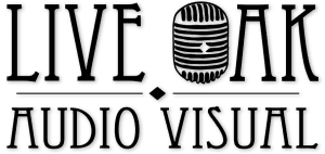 Logo with the words "Live Oak Audio Visual" in bold, stylized letters; the “O” in "Oak" is depicted as a vintage microphone.