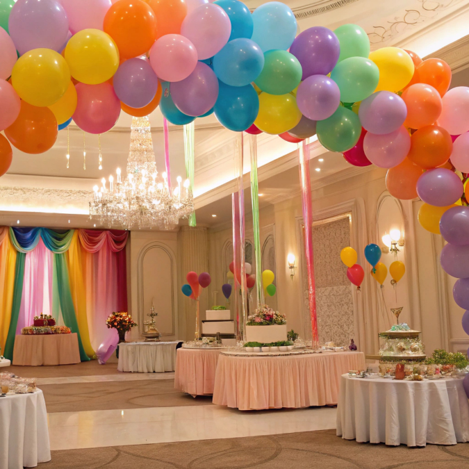 Private Events second image A banquet hall decorated for a celebration with a large arch of colorful balloons, round tables with treats, a backdrop of rainbow drapes, and AV services for Seattle weddings and private events.
